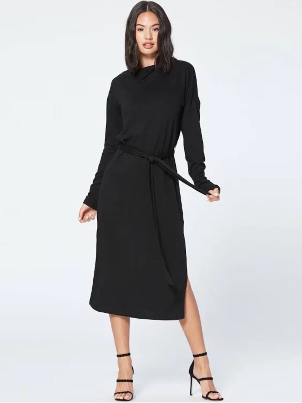 PAIGE Paxton Black Long Sleeve Asymmetric Neck Belted Midi Knit Dress XS